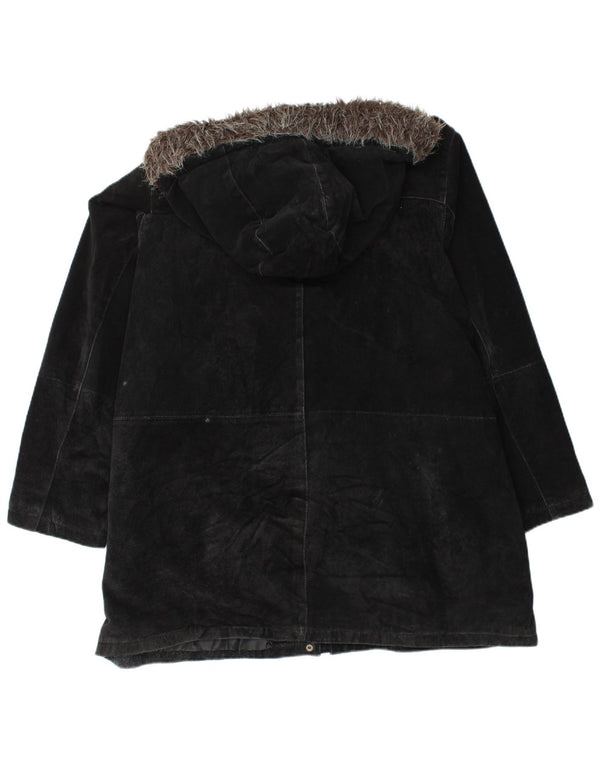Cappotto giacca a vento in pelle scamosciata con cappuccio da donna Chalice UK 22 3XL Pelle nera