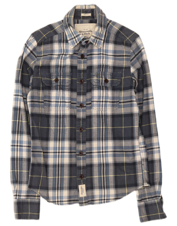 Abercrombie & Fitch Camicia da uomo in flanella muscolare piccola in cotone a quadri blu navy