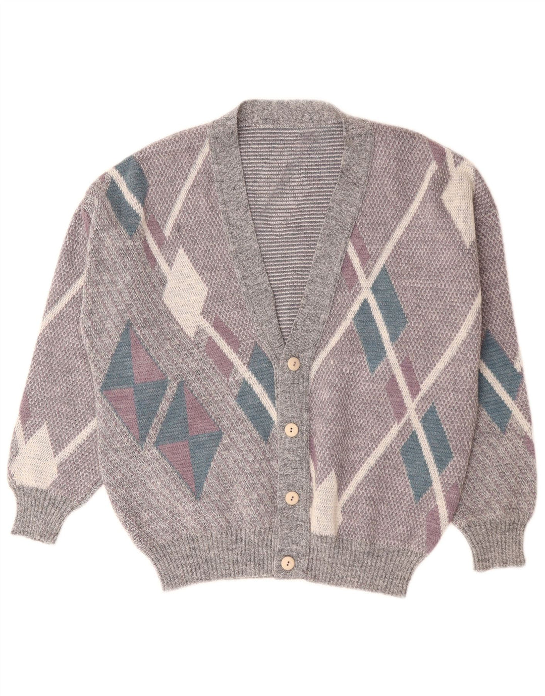 Maglione cardigan da uomo vintage grande grigio a rombi/diamante