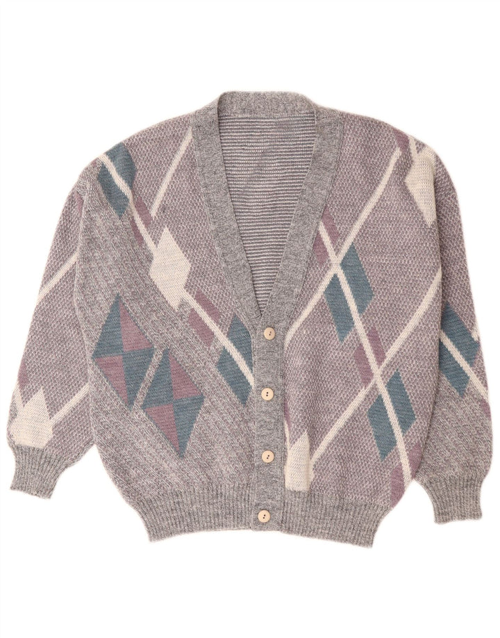 Maglione cardigan da uomo vintage grande grigio a rombi/diamante