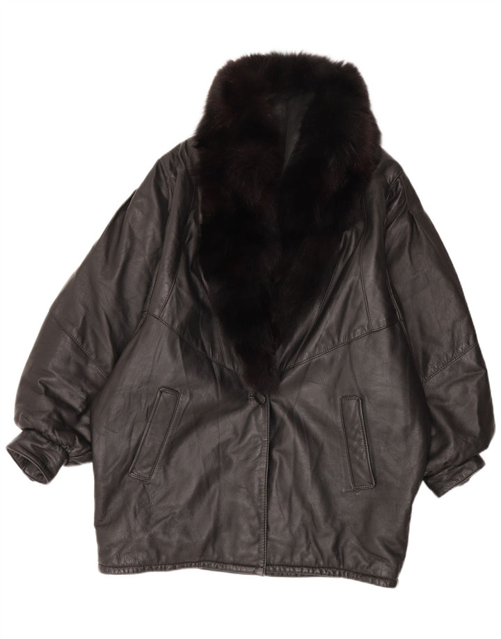 Cappotto oversize in pelle vintage da donna IT 46 grande in pelle nera