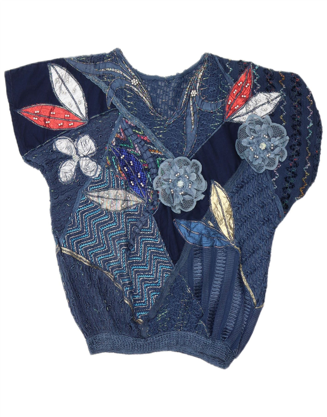 Top camicetta da donna vintage UK 16 grande patchwork blu navy