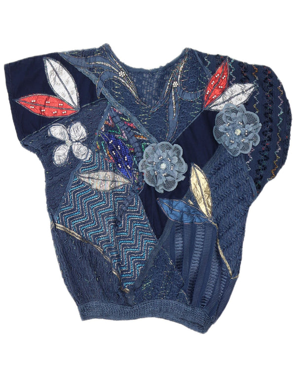 Top camicetta da donna vintage UK 16 grande patchwork blu navy