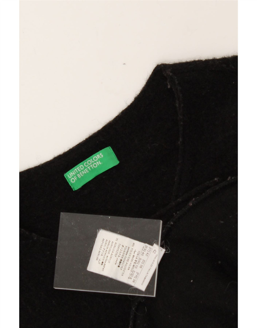 BENETTON Womens Open Overcoat UK 10 Small Black Wool Vintage Benetton and Second-Hand Benetton from Messina Hembry 