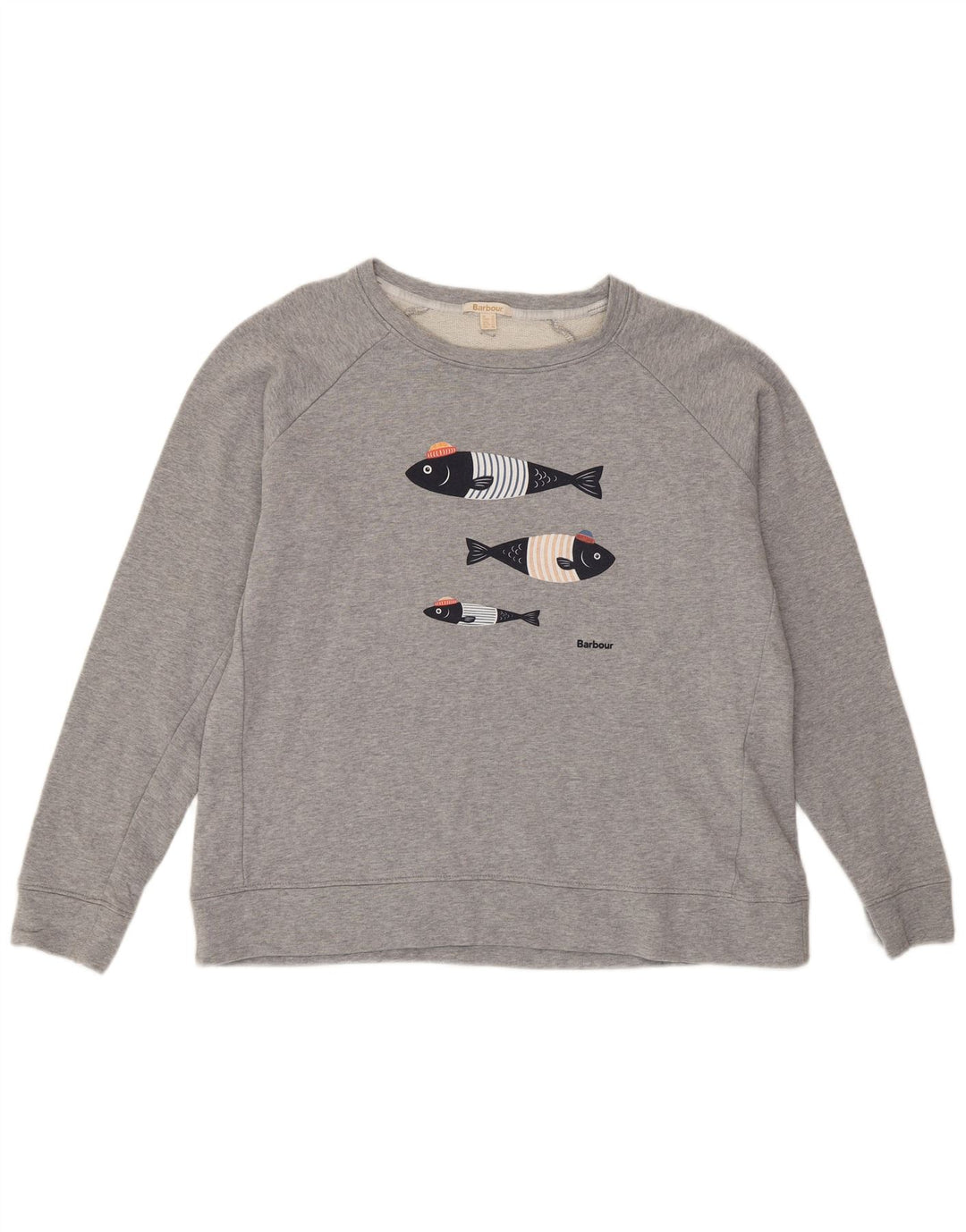 Felpa grafica da donna Barbour maglione UK 16 grande cotone grigio