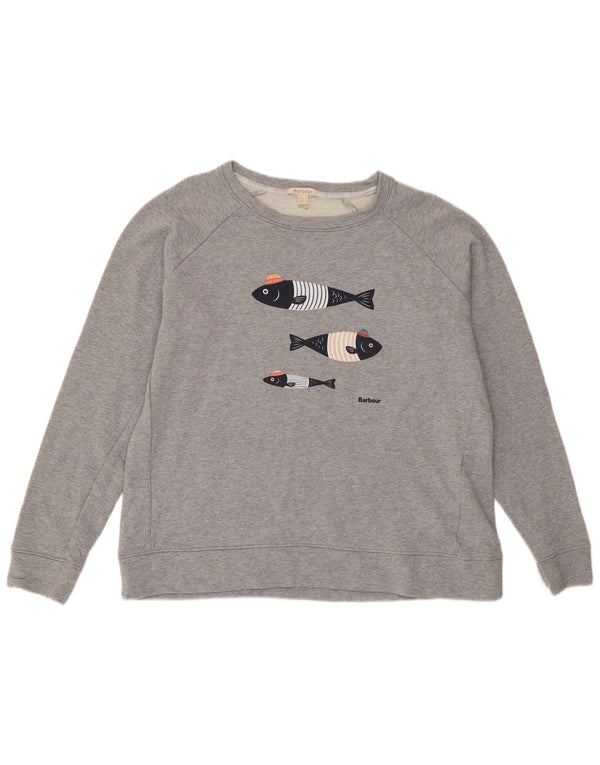 Felpa grafica da donna Barbour maglione UK 16 grande cotone grigio