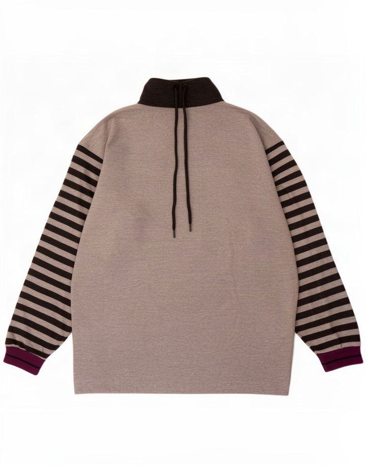 Felpa vintage da uomo con collo con zip grafica, maglione a righe grigie grandi