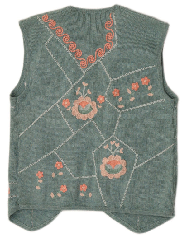 Gilet OPEN lavorato a maglia da donna vintage UK 12 Cashmere floreale turchese medio