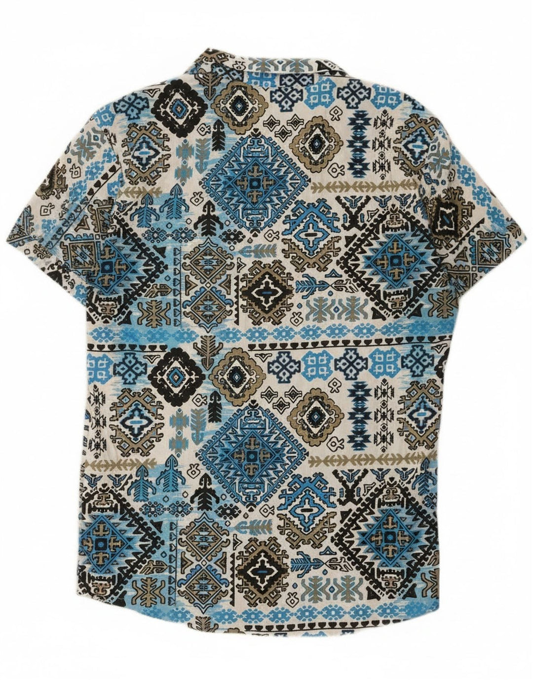 Camicia vintage da uomo a maniche corte grande blu Ikat Rayon