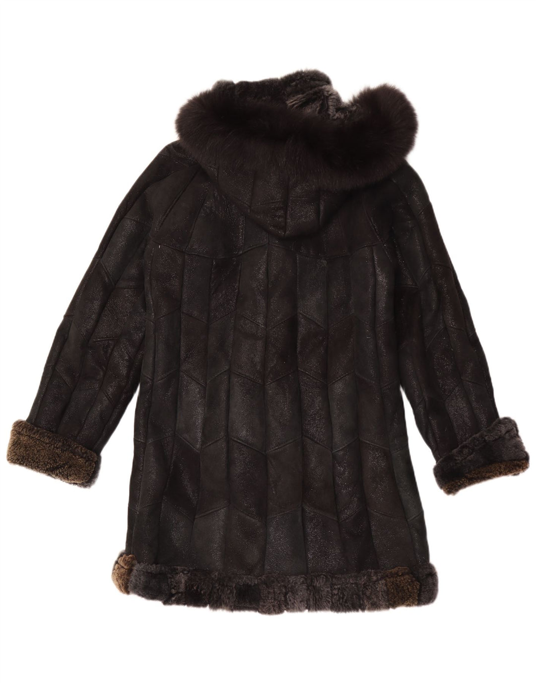 Cappotto vintage da donna in pelle sherpa con cappuccio UK 12 medio nero