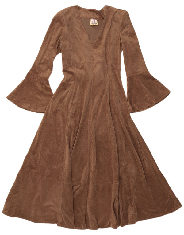 Abito a trapezio a maniche lunghe maxi da donna vintage UK 12 Poliestere marrone medio