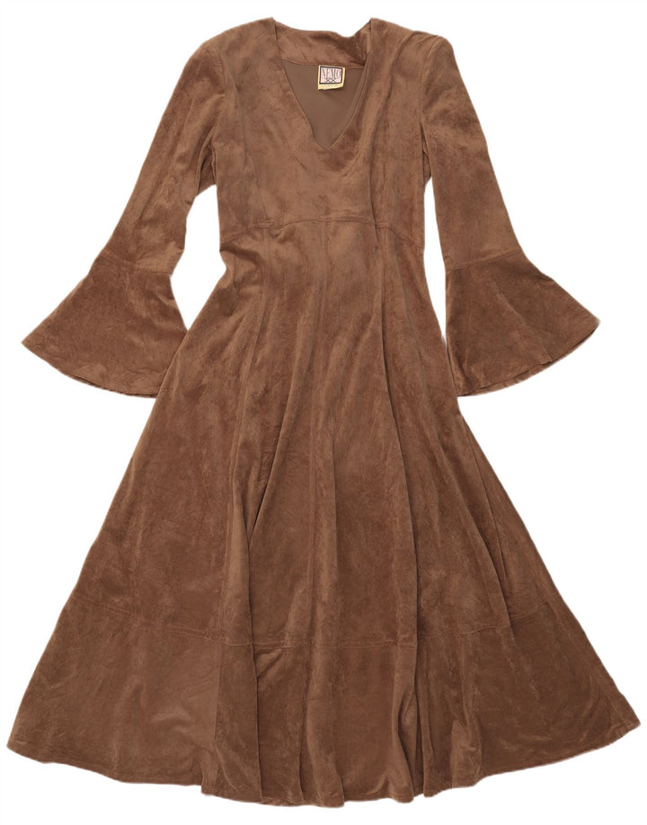 Abito a trapezio a maniche lunghe maxi da donna vintage UK 12 Poliestere marrone medio