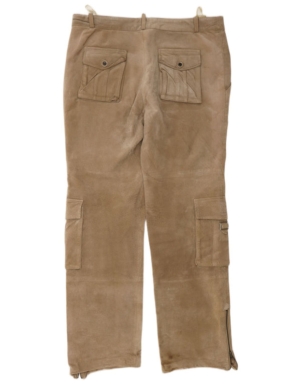 JOHN F GEE Pantaloni cargo dritti in pelle scamosciata da uomo EU 50 Large W34 L32 Beige
