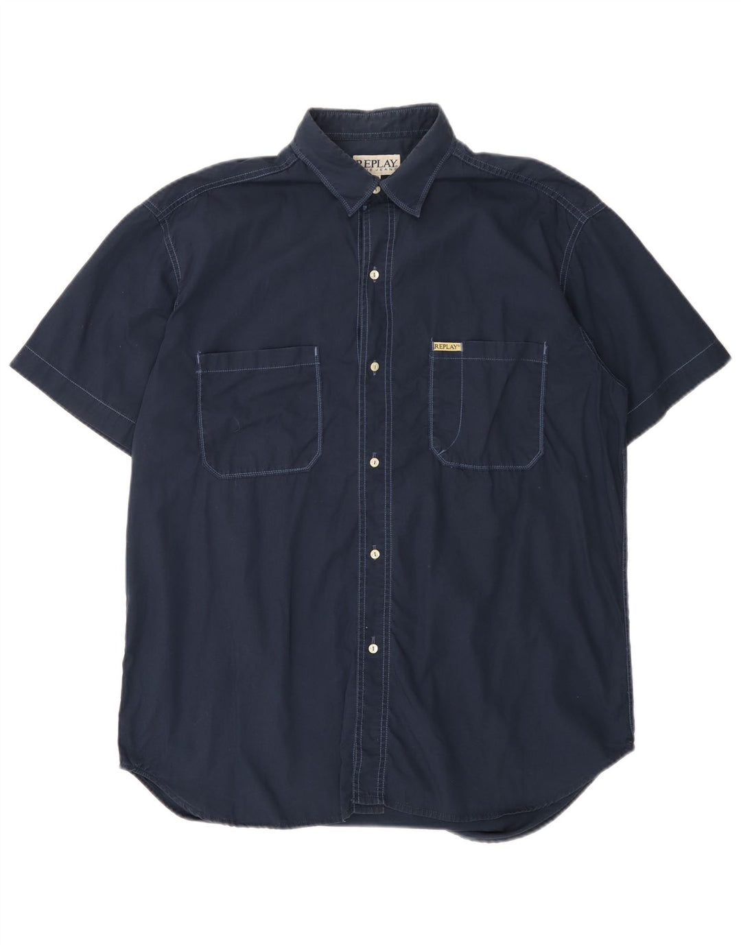 REPLAY Camicia a maniche corte da uomo XL in cotone blu navy