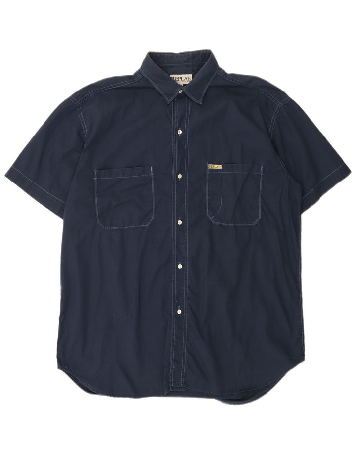 REPLAY Camicia a maniche corte da uomo XL in cotone blu navy
