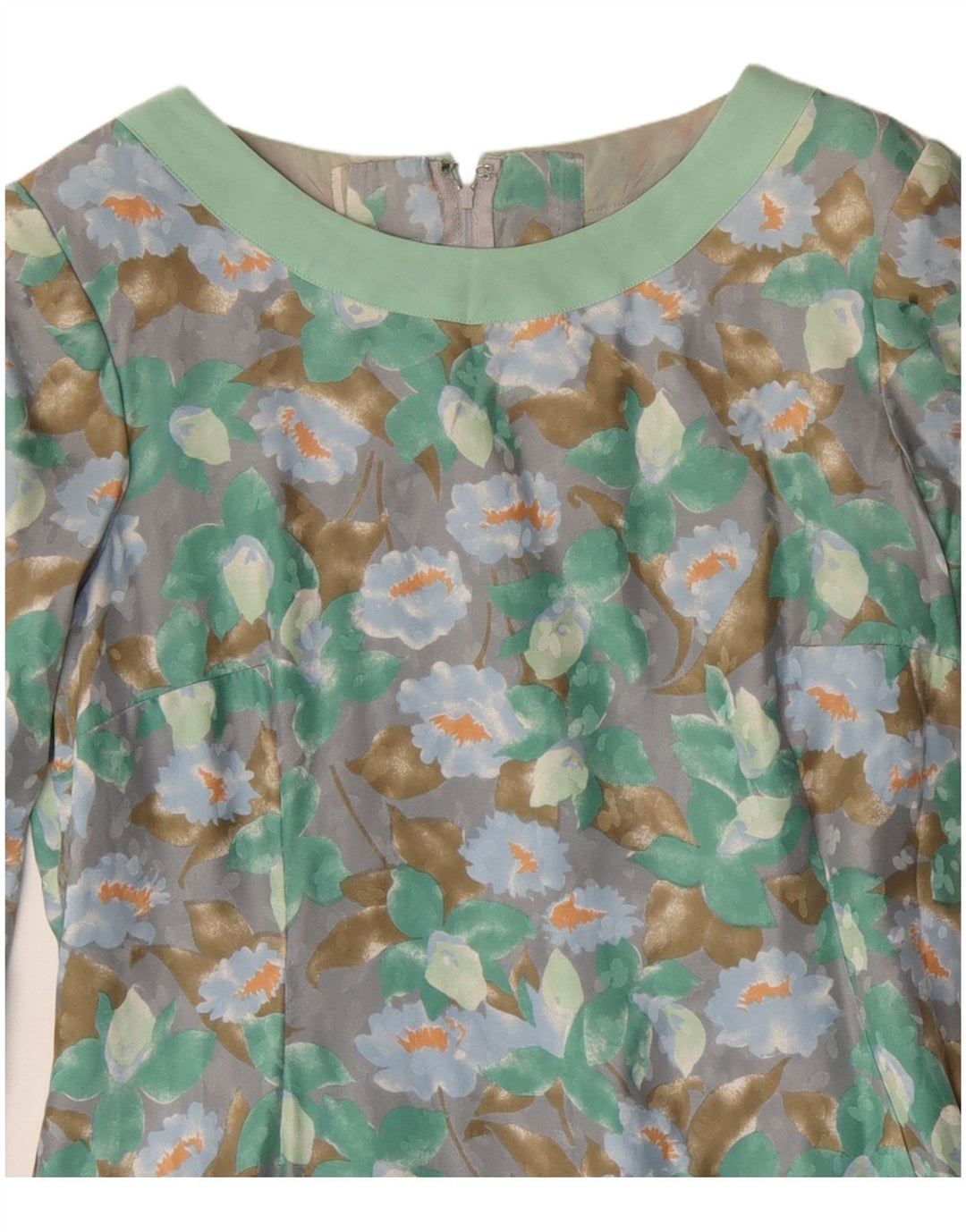 Abito tubino vintage a maniche lunghe da donna UK 12 Verde medio floreale