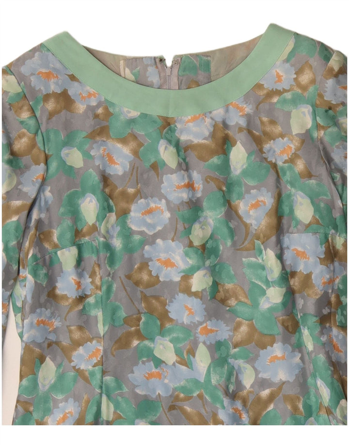 Abito tubino vintage a maniche lunghe da donna UK 12 Verde medio floreale