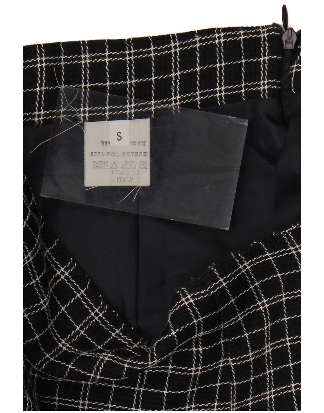 Gonna dritta da donna vintage piccola W26 in poliestere a quadri neri