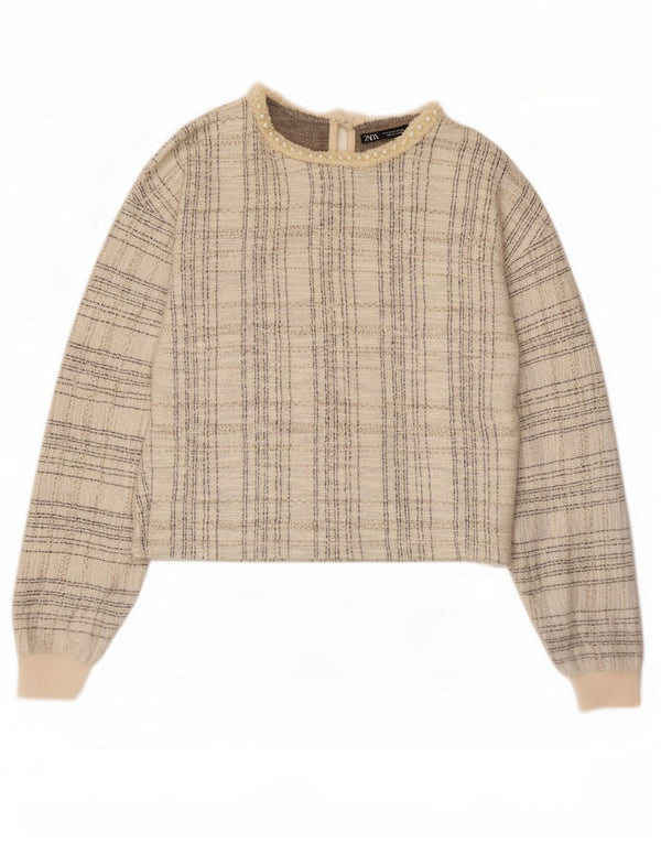 Camicetta corta a maniche lunghe da donna Zara UK 10 piccola in poliestere a quadri beige