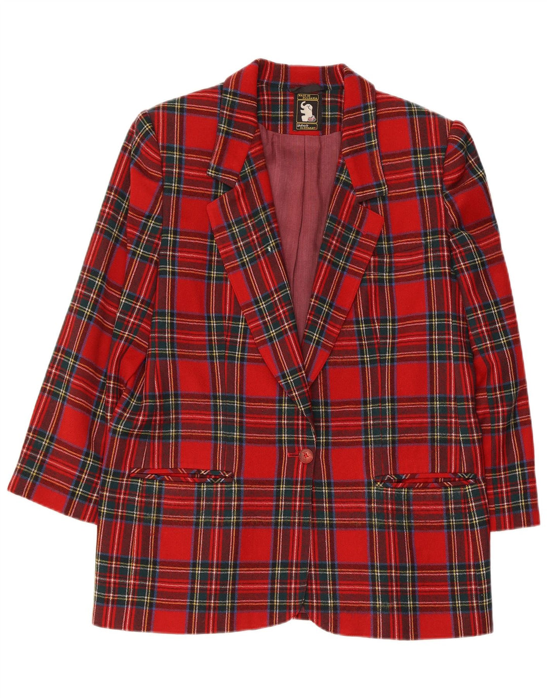 Giacca blazer vintage da donna con maniche a 3/4 e 1 bottone, UK 14, scozzese medio rosso