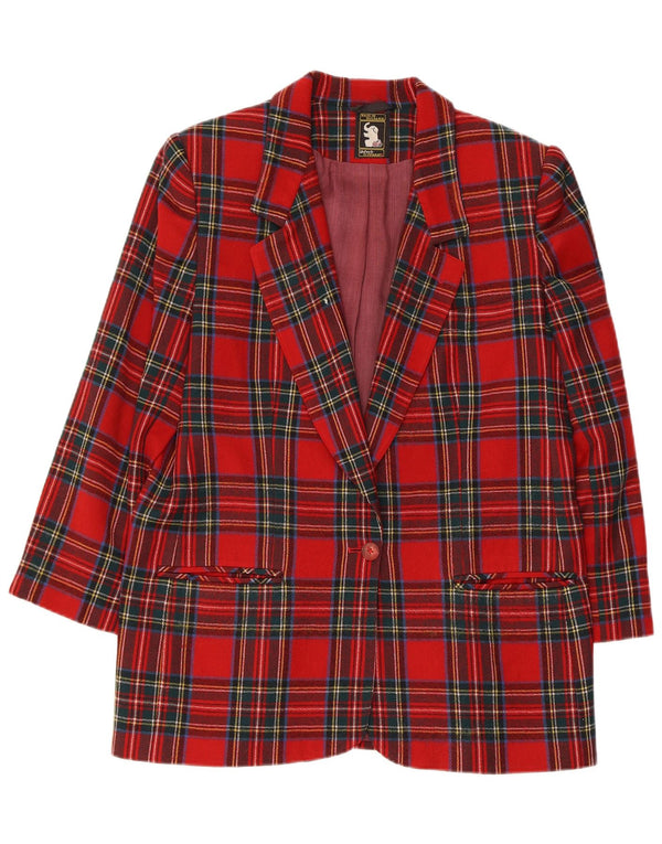 Giacca blazer vintage da donna con maniche a 3/4 e 1 bottone, UK 14, scozzese medio rosso