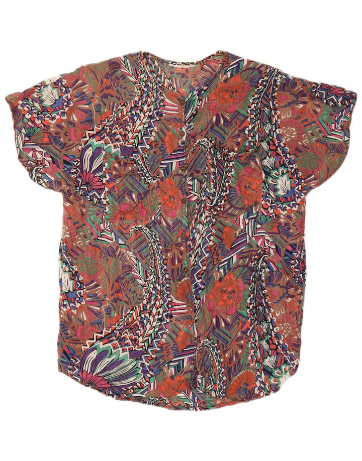 Camicetta camicia vintage da donna con motivo astratto UK 14 grande multicolore