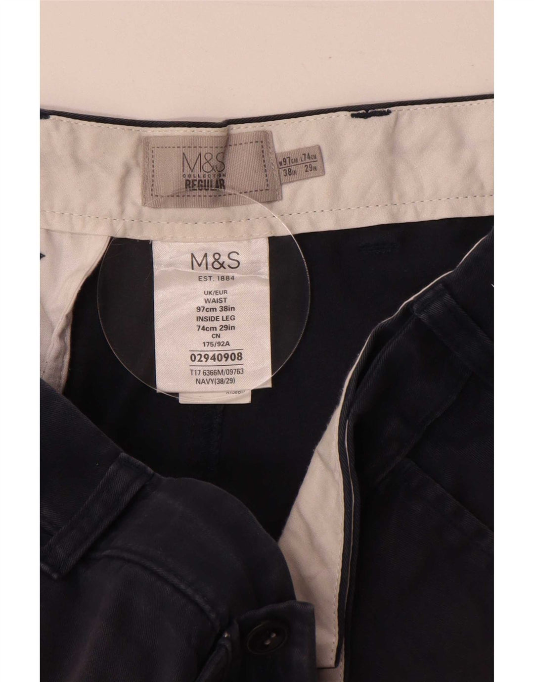 Pantaloni chino regolari da uomo Marks & Spencer W38 L29 cotone blu navy