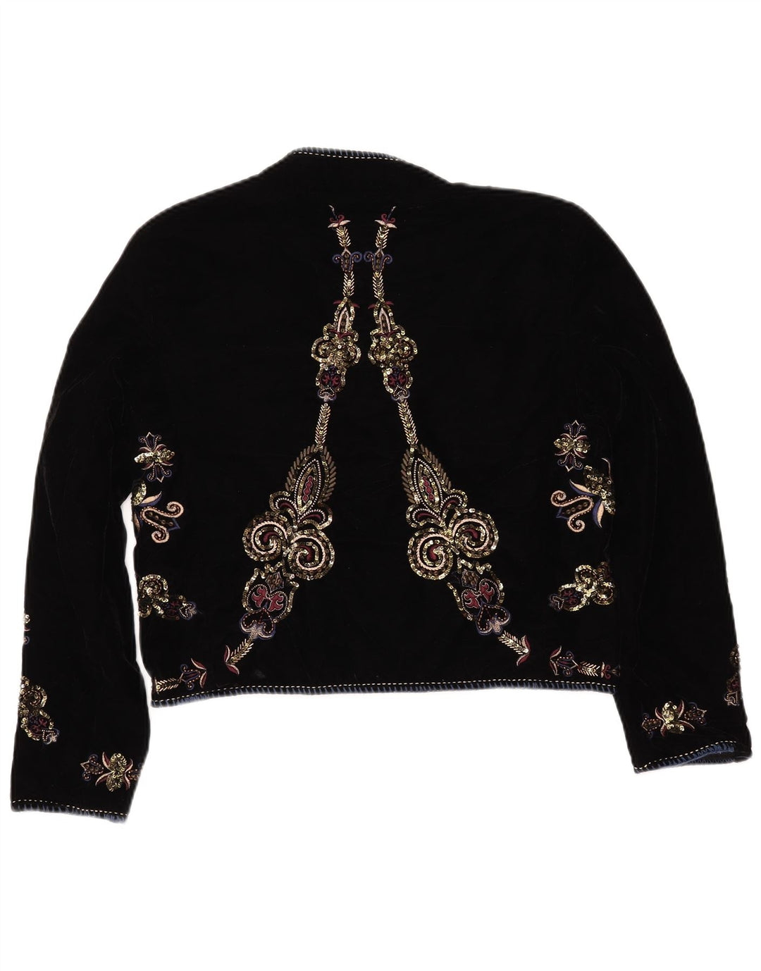 ZARA Giacca Bolero Aperto da Donna in Velluto UK 16 Grande Paisley Nero