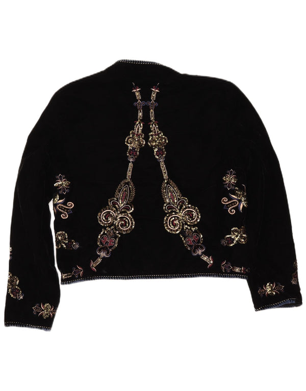 ZARA Giacca Bolero Aperto da Donna in Velluto UK 16 Grande Paisley Nero