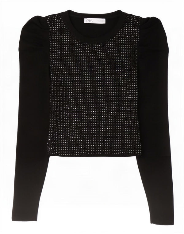 Top corto a maniche lunghe da donna Zara UK 10 piccolo in poliammide screziato nero