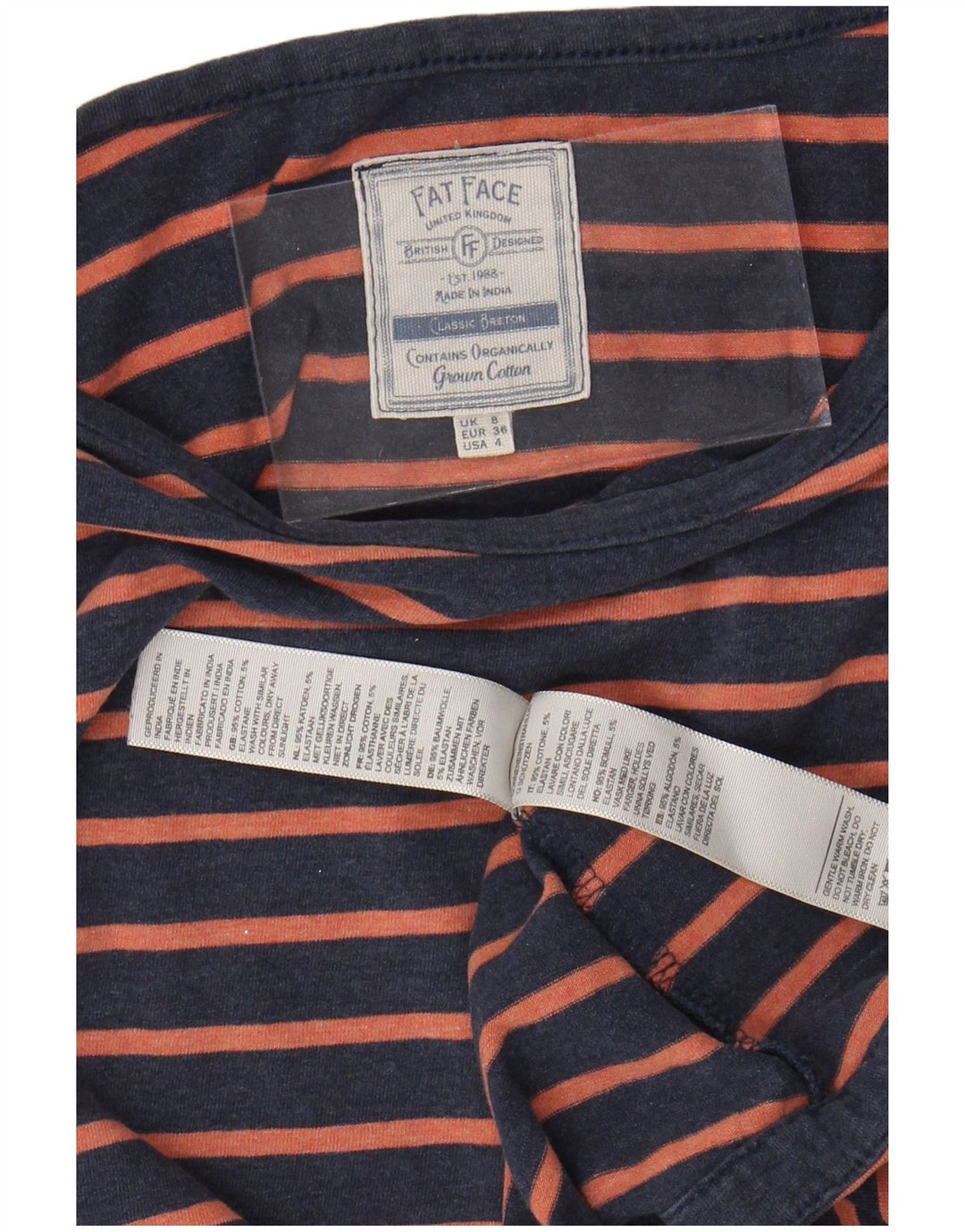 FAT FACE Top da donna a maniche lunghe UK 8 piccolo in cotone a righe blu navy