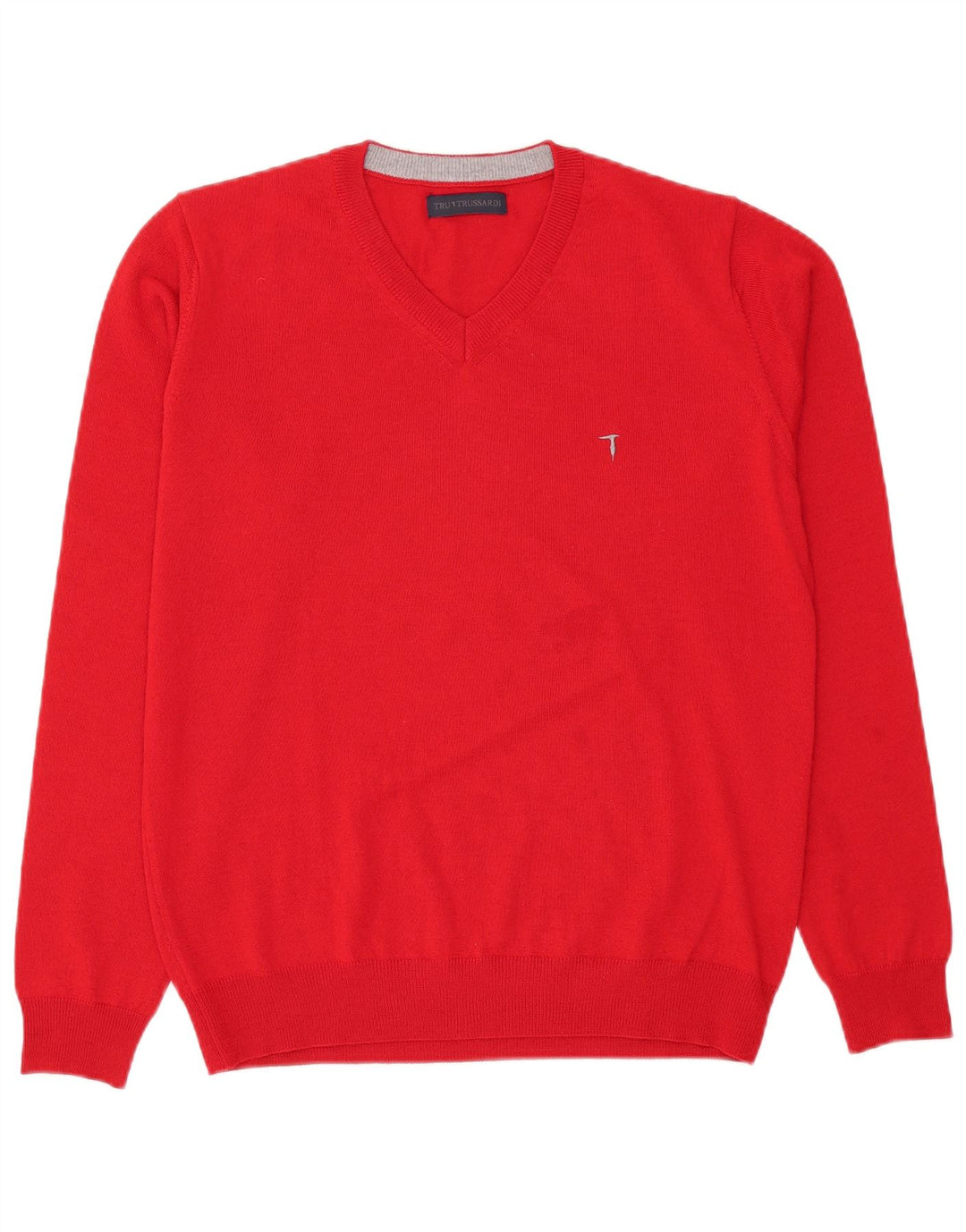 TRUSSARDI Mens V-Neck Jumper Sweater Large Red Wool