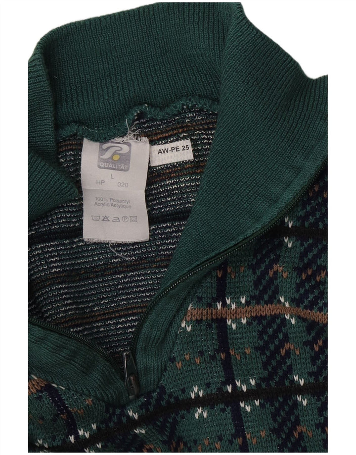 Maglione vintage da uomo con zip e collo in poliacrilico geometrico verde grande