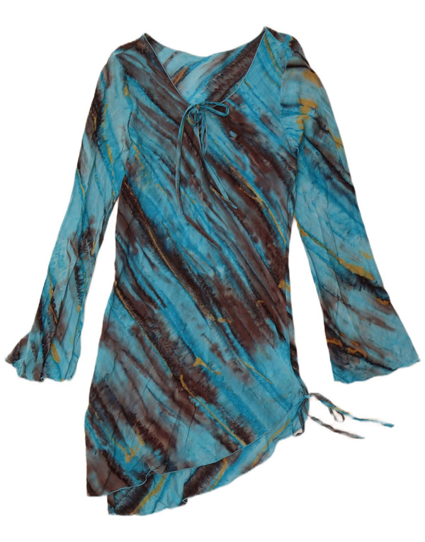 Abito asimmetrico a maniche lunghe da donna DAKS UK 12 Rayon tie-dye blu medio