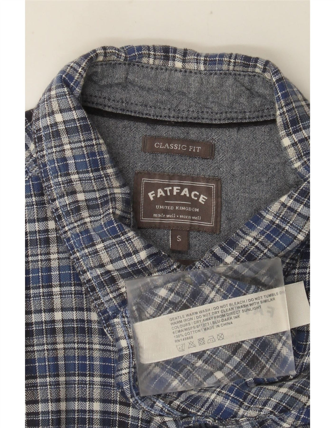 FAT FACE Camicia da uomo in flanella dalla vestibilità classica, piccolo cotone a quadri blu