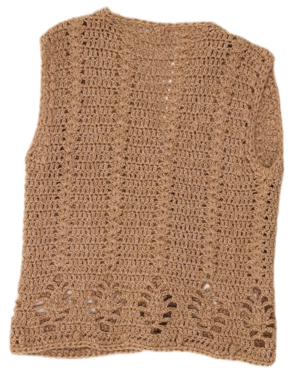 Maglione cardigan all'uncinetto senza maniche da donna VINTAGE UK 14 Large Beige