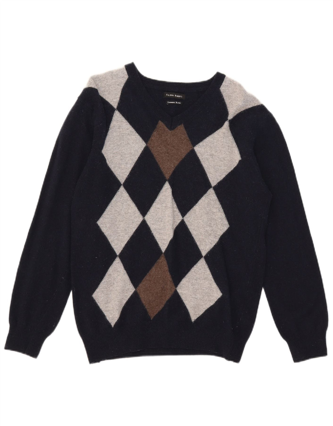 Filippo Riberti Maglione da uomo con scollo a V piccolo blu navy a rombi/diamante