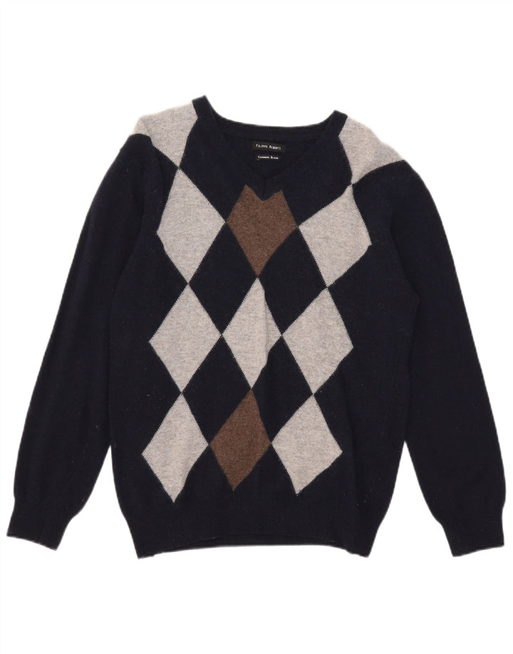 Filippo Riberti Maglione da uomo con scollo a V piccolo blu navy a rombi/diamante