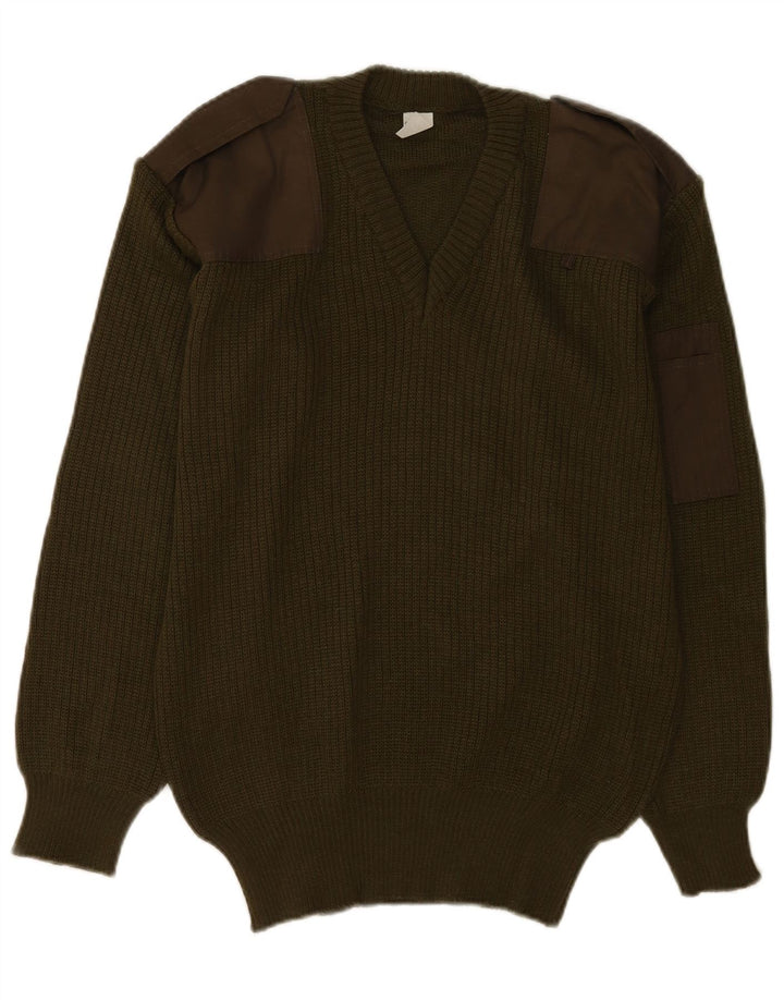 Maglione militare vintage da uomo con scollo a V grande color kaki