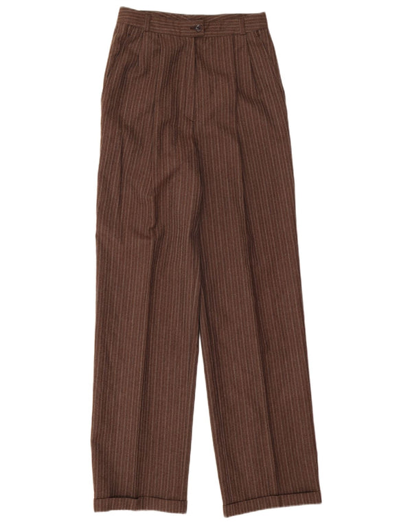 Pantaloni da abito vintage da donna con ancoraggi a vita alta W26 L31 gessato marrone