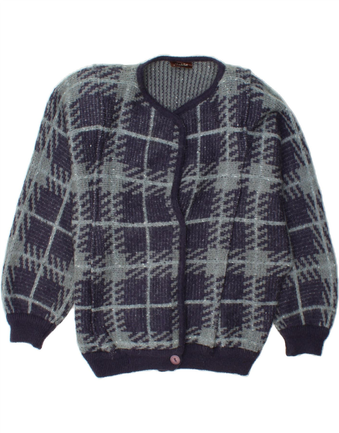 VINTAGE Womens Oversized Cardigan Sweater UK 14 Medium Navy Blue Check Vintage Vintage and Second-Hand Vintage from Messina Hembry 