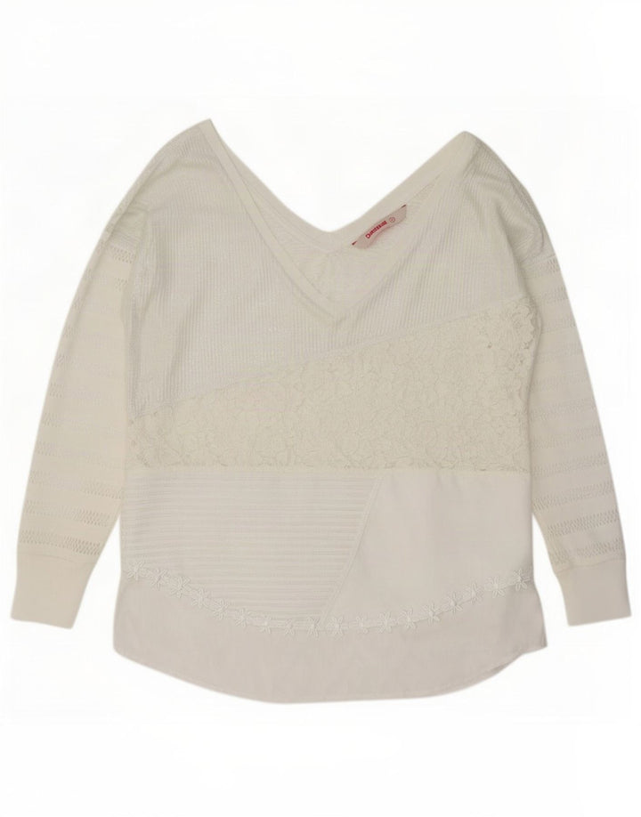Desigual Camicetta a maniche lunghe da donna Top UK 14 Poliestere floreale bianco medio