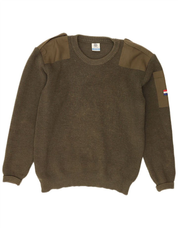 Maglione maglione girocollo militare da uomo VINTAGE grande lana vergine kaki