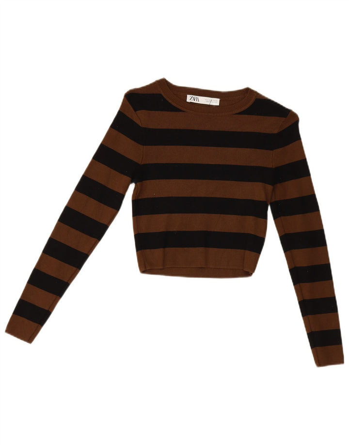 Top corto da donna Zara a maniche lunghe UK 12 Viscosa a righe marrone medio