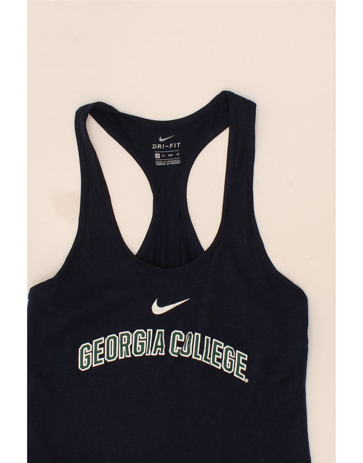 NIKE Womens Dri Fit Graphic Vest Top UK 4 XS Navy Blue Polyester Vintage Nike and Second-Hand Nike from Messina Hembry 