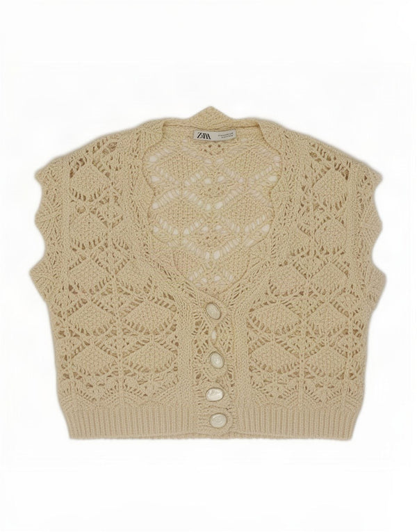 Top cardigan trasparente senza maniche corto da donna Zara UK 14 medio bianco sporco