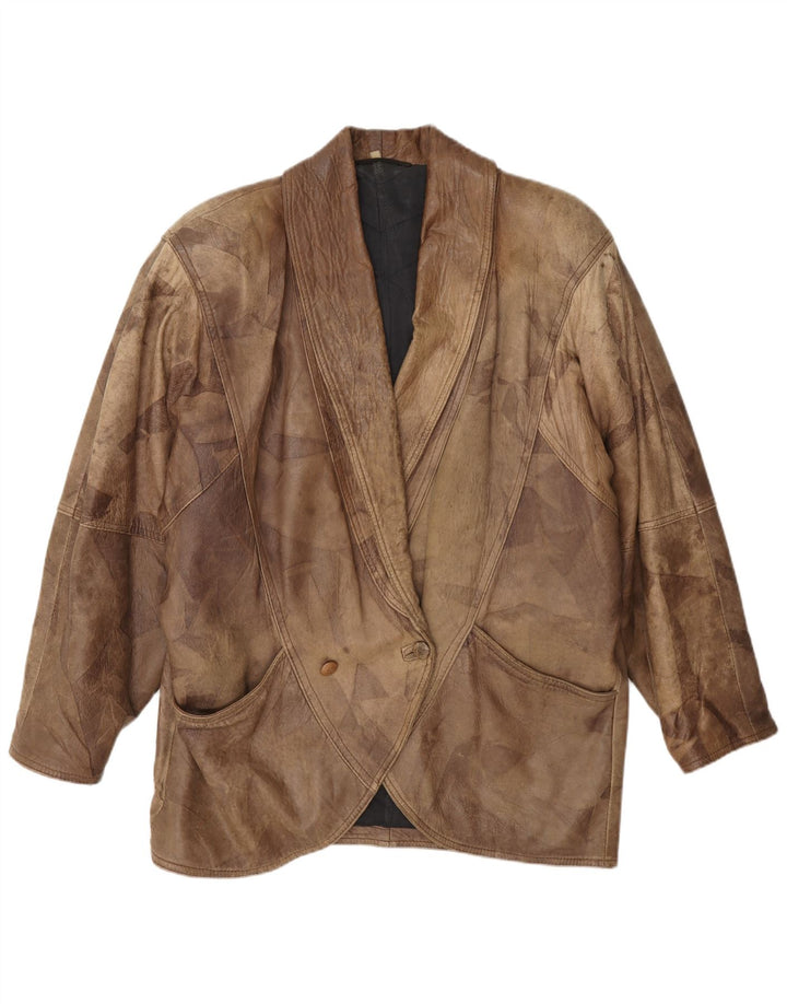 Giacca in pelle doppiopetto vintage da donna EU 42 grande patchwork marrone