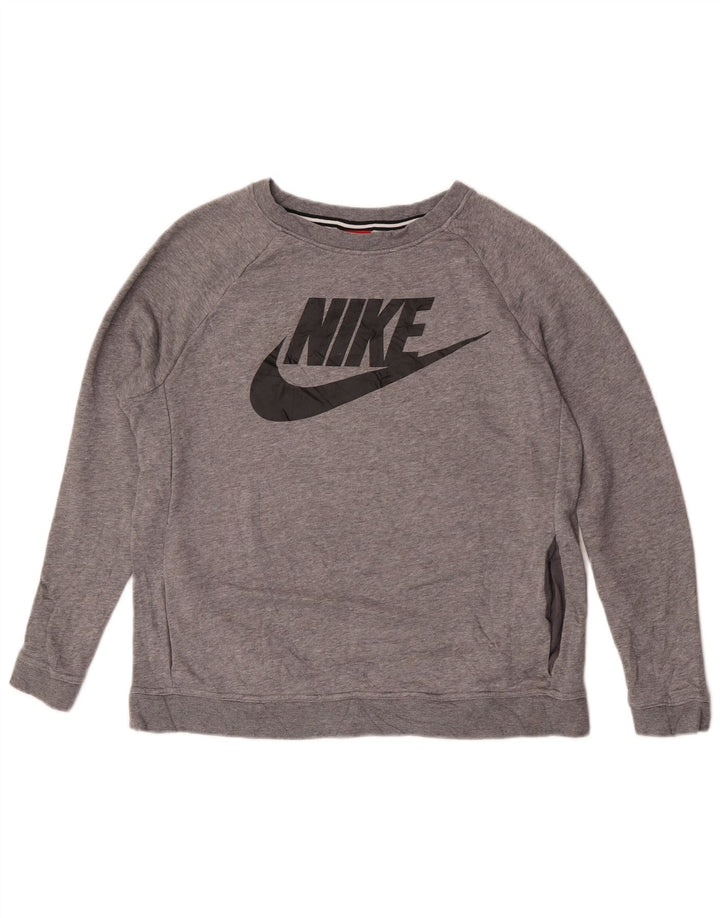Felpa con grafica Nike da donna, maglione UK 14, cotone chiazzato grigio medio