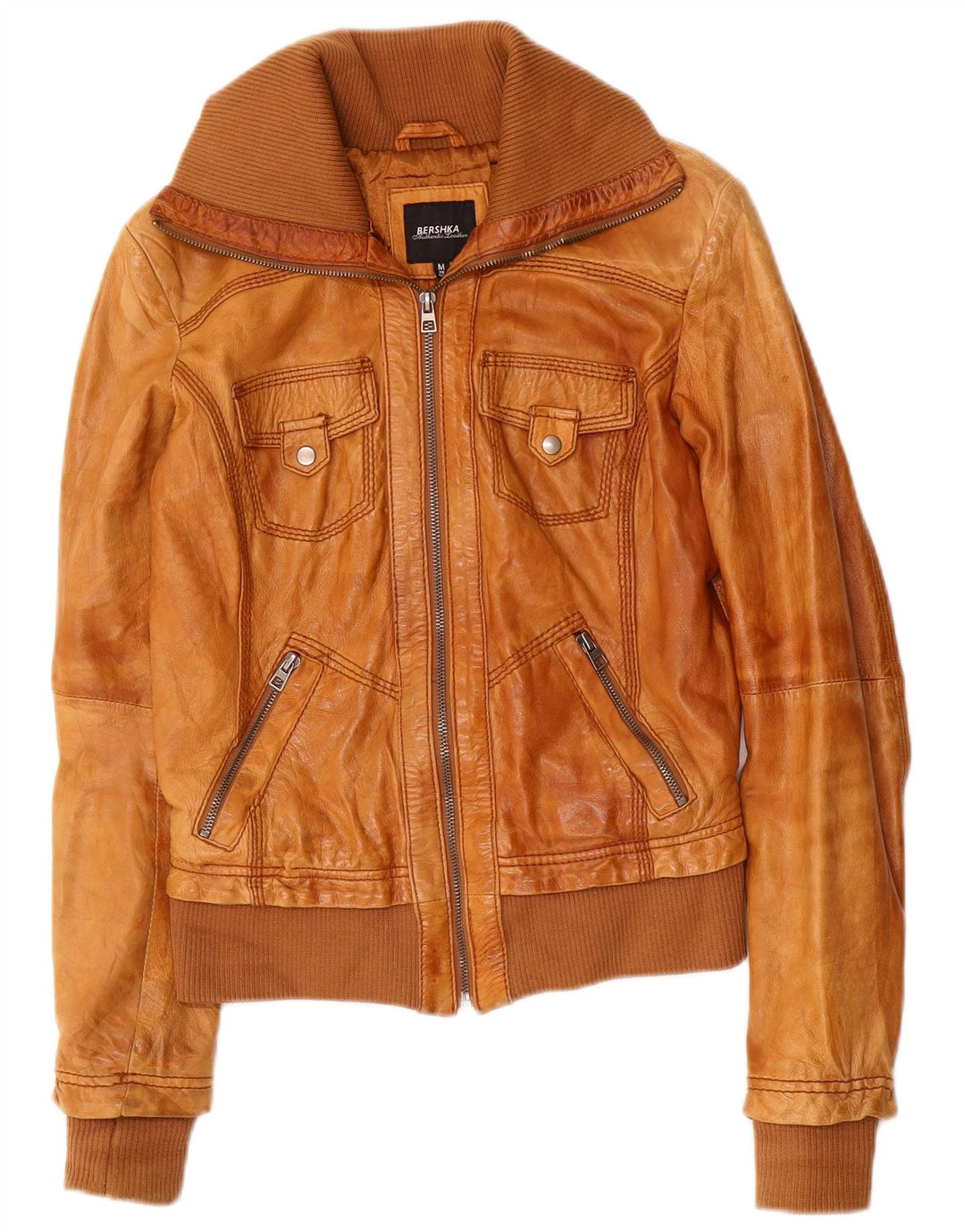 Giacca in pelle da donna BERSHKA UK 12 Pelle marrone medio