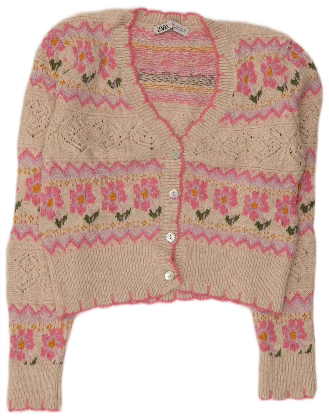 ZARA Maglione Cardigan Corto da Donna a Vestibilità Larga UK 10 Piccolo Rosa Floreale